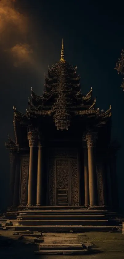 Eerie mobile wallpaper of an ancient temple in shadow with dark, moody tones.