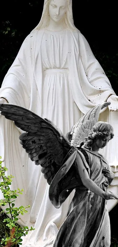 Statue of an angel with serene expressions, surrounded by lush greenery.