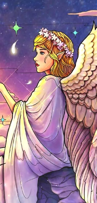 A serene angel with a colorful backdrop of the sky and stars, designed for mobile screens.