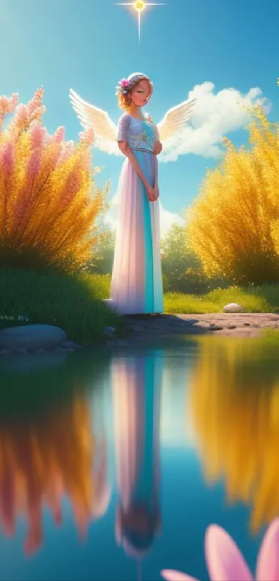 Serene angel standing beside a reflective lake in a vibrant garden.