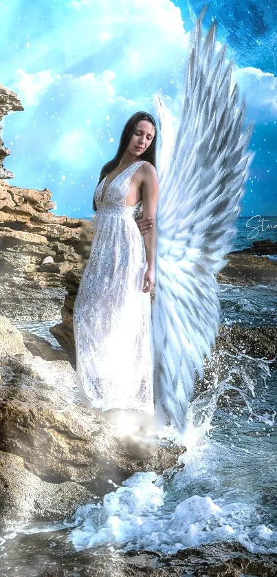 Angel with wings by a mystical ocean backdrop.