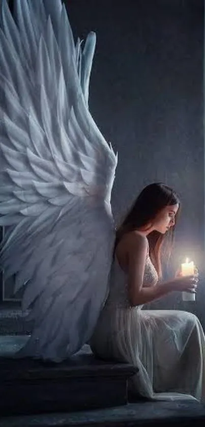 Serene angel holding a candle in a dark, calming ambiance.