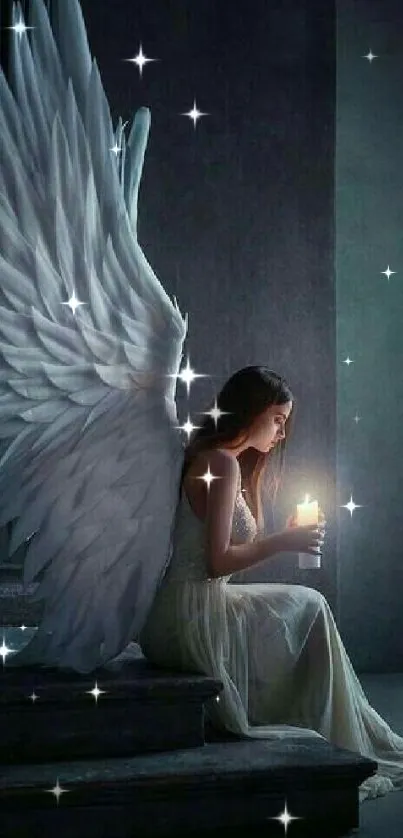 Serene angel holding a candle in a dark room.