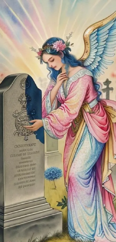 Beautiful angel at a cemetery in pastel hues.