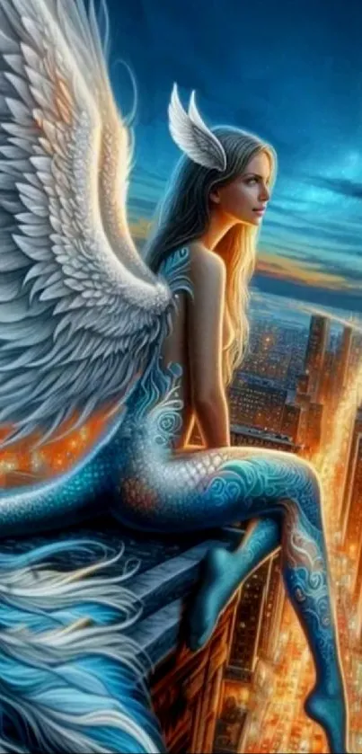 Angelic figure with wings overlooking a glowing nighttime cityscape.