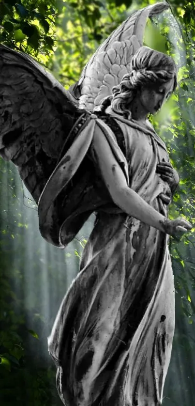 Angel statue in a lush, sunlit forest wallpaper.