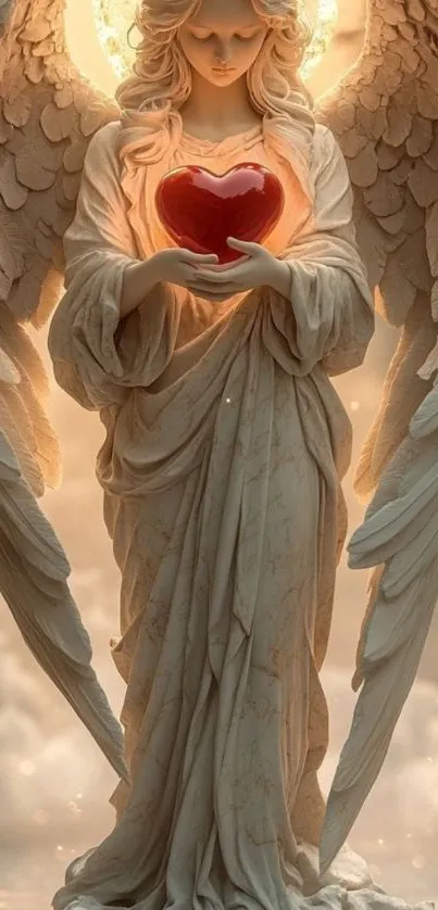 Angel holding a glowing red heart art.