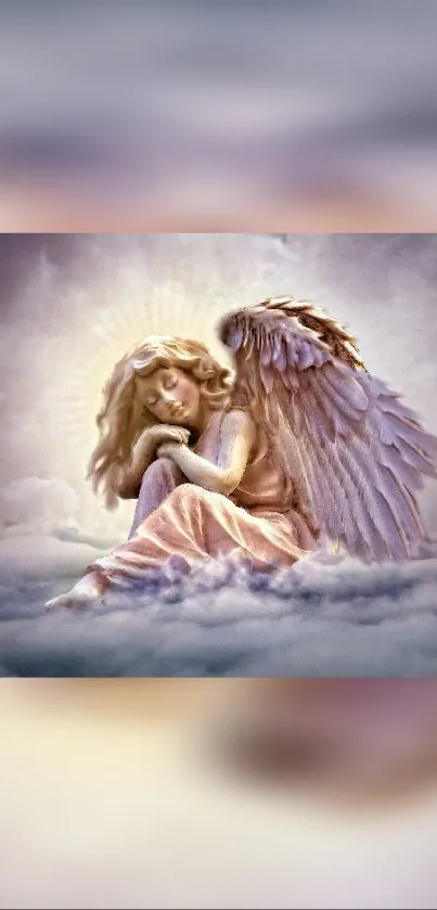 Serene angel resting on fluffy clouds.