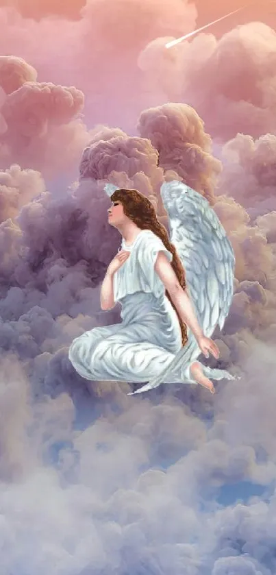 Angel figure resting in colorful cloudscape wallpaper.