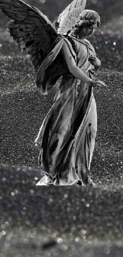 Angel statue on shimmering dark sand background, serene and mystical.