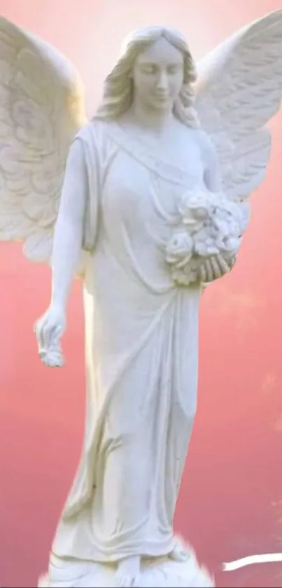 An elegant angel statue set against a pink sunset sky.