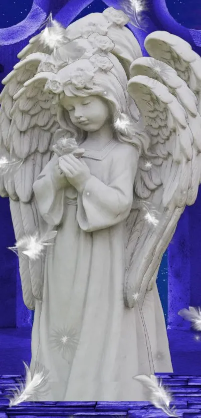 Serene angel statue with wings surrounded by ethereal feathers.