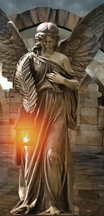 Stone angel statue holding lantern with arches in the background.