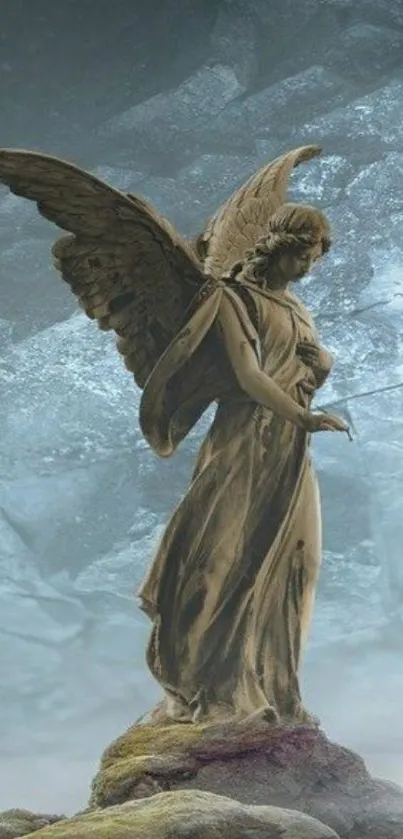 Serene angel statue set against a slate gray background.