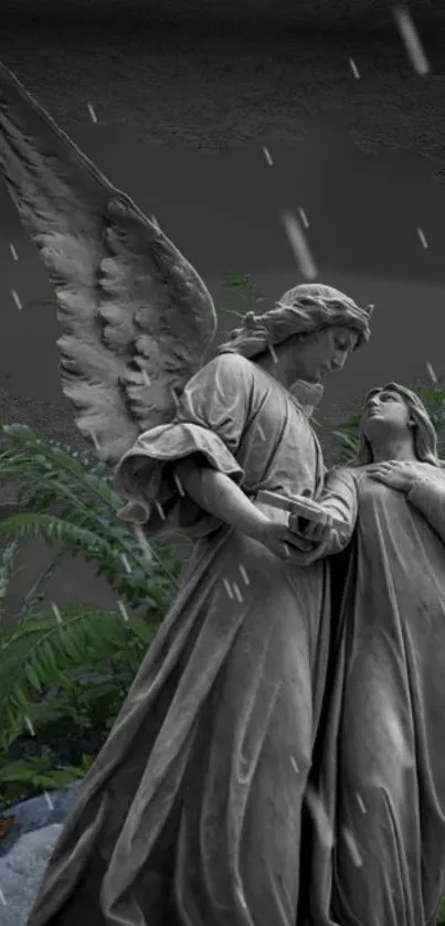 Serene angel statue amidst ferns and rainfall.