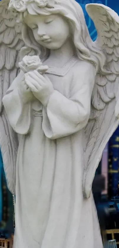 Stone angel sculpture with cityscape background wallpaper.