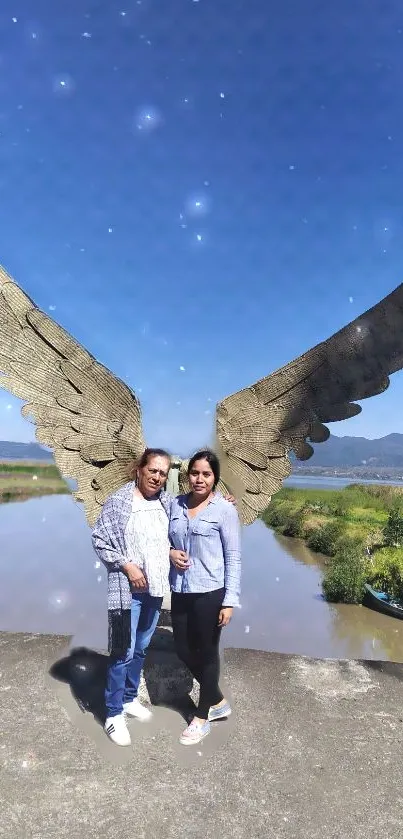 Wallpaper featuring angel wings with serene lake and sky background.