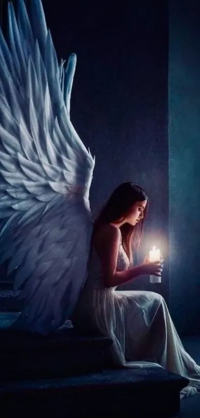 Angel with large wings holding a candle in a dark room.