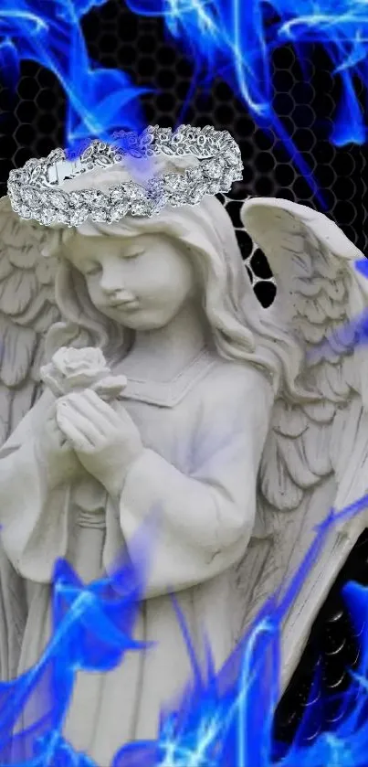 Angel statue with a diamond halo and blue flames background.