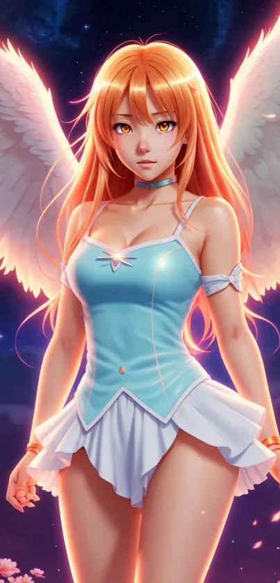 Anime angel with wings in a blue outfit.