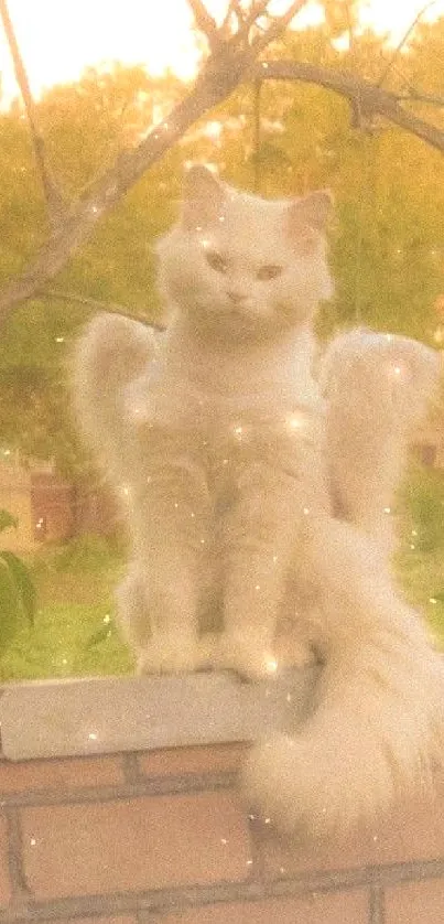 Fluffy white cat with angelic wings on a warm-toned background.