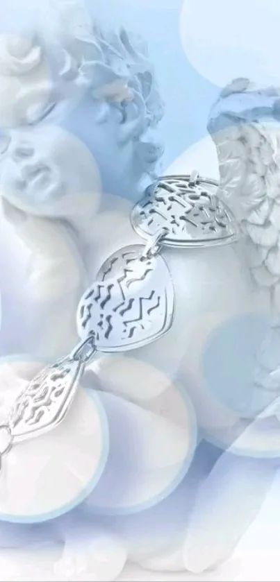 Angelic figure with silver charms and wings in a serene light blue setting.