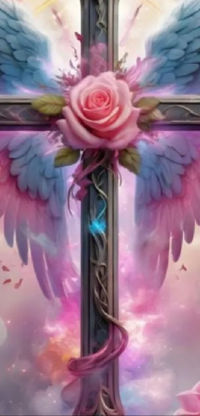 Angelic cross with pink wings and roses on a serene mobile wallpaper backdrop.