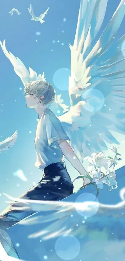 Serene angel with wings and lilies against a blue sky background.