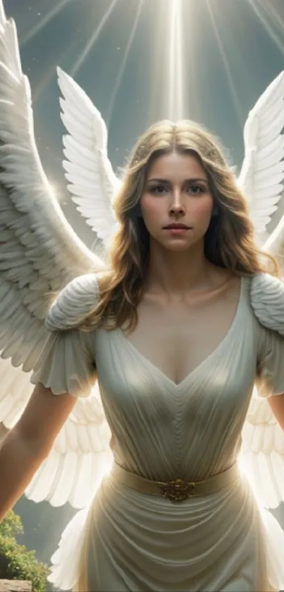 Ethereal angel with radiant white wings and serene expression.