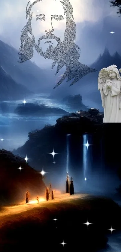 Serene landscape with angel statue and mystical mountains.