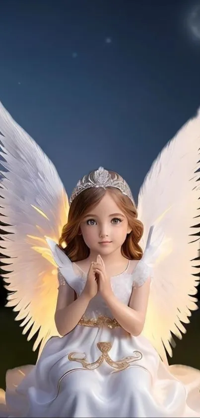 Serene angel with luminous wings in a night sky.