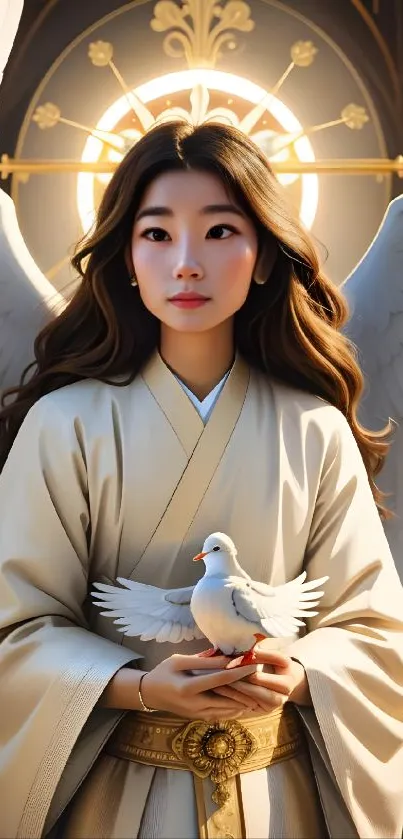 Angelic figure with wings and a dove, exuding peace.