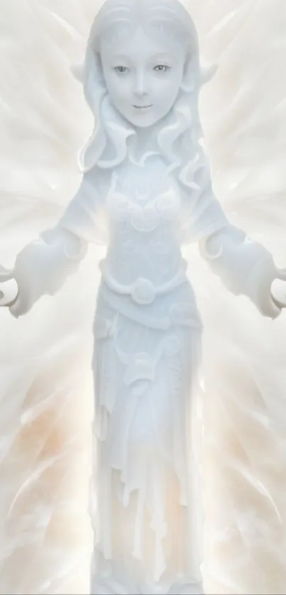 Serene angelic sculpture in soft white hues.