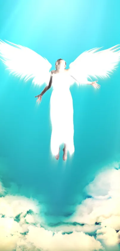 Angelic figure soaring in a sky blue aura above soft white clouds.