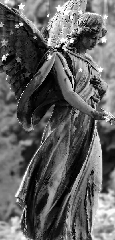 Serene angel statue in grayscale tones, embodying peace and elegance.