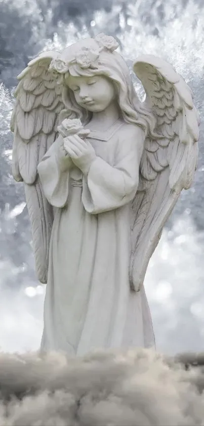 White angel statue amidst clouds, serene mobile wallpaper.