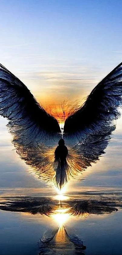 Silhouette of angel with wings at sunrise over reflective water.