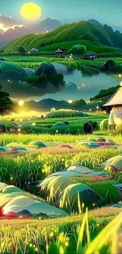 Serene animated wallpaper with green fields and sunset sky.