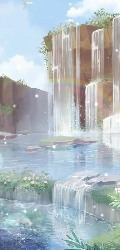 Serene animated wallpaper of waterfalls with lush greenery and a rainbow.