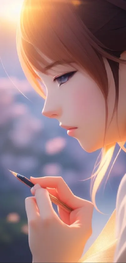 Serene anime-style art of a thoughtful character in warm lighting.