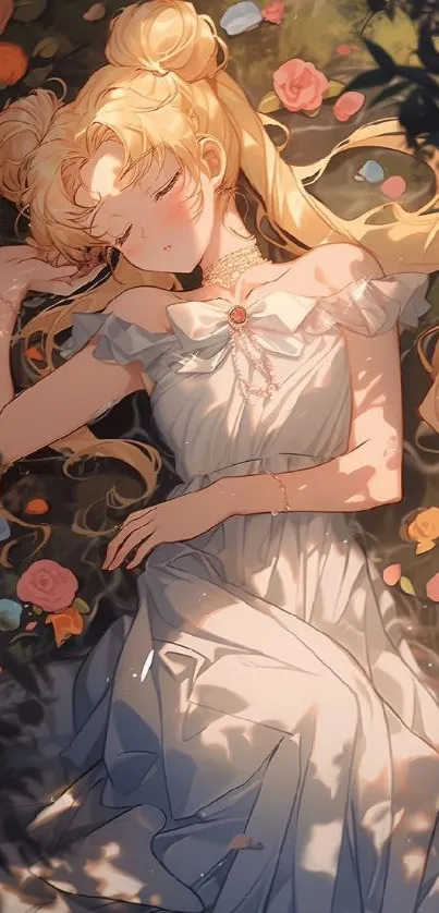 Anime character sleeping peacefully among flowers in soft lighting.