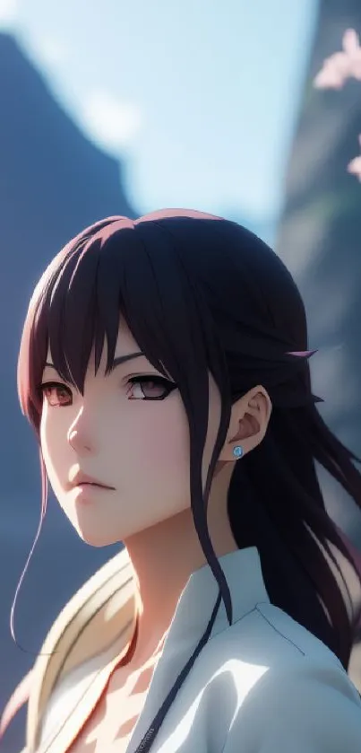 Serene anime character with mountain background.
