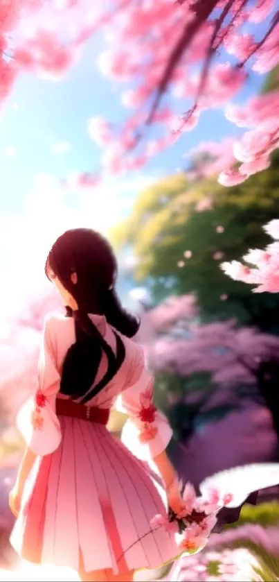 Anime girl under cherry blossoms in spring scene.