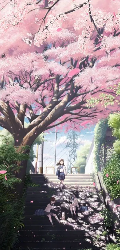 Anime wallpaper of cherry blossoms and lush scenery with vibrant pink tones.