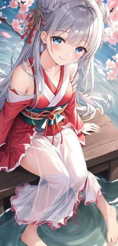 Anime girl in kimono sitting by cherry blossoms over water.