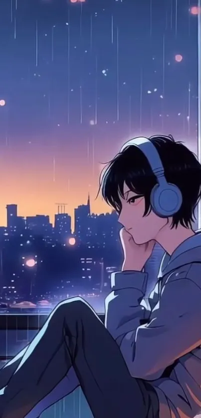 Anime character listening to music by a rainy window at night.