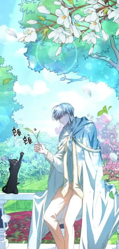 Anime character with cat in vibrant garden setting.