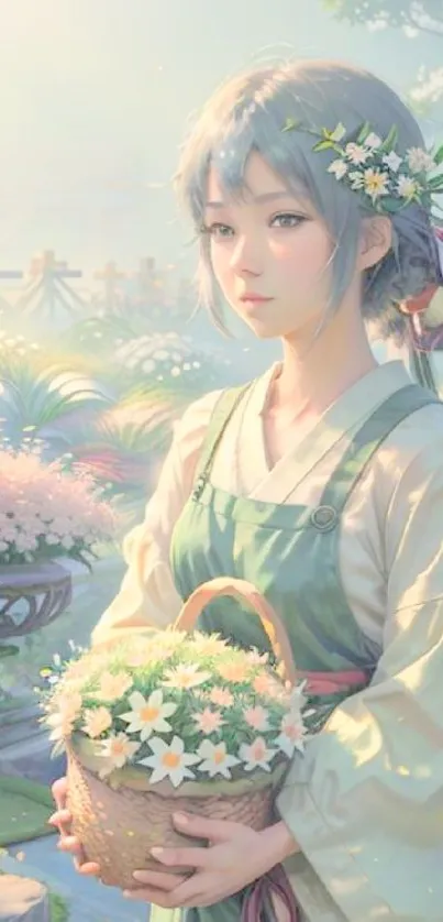 Fantasy anime girl in a lush garden with flowers.