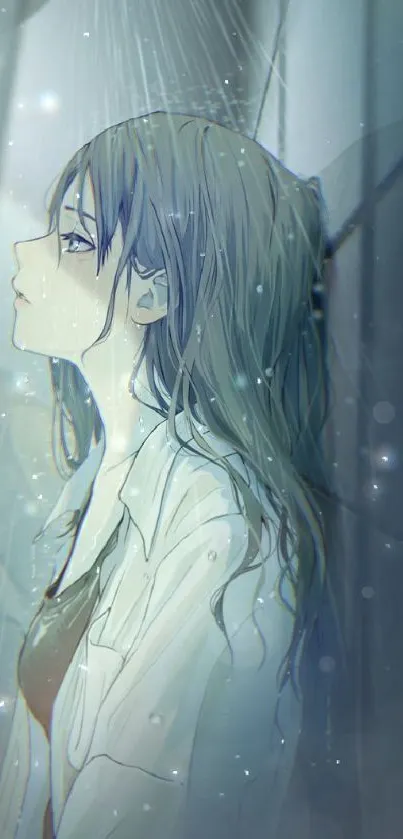 Anime girl standing in serene rain scene wallpaper.