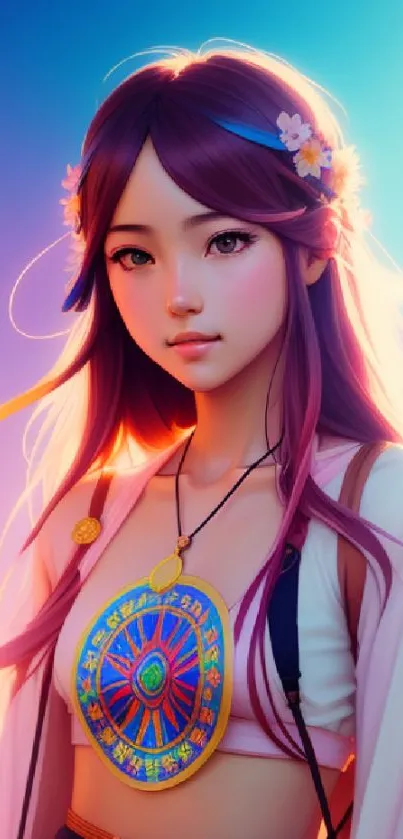 Anime girl with floral elements in a serene, colorful portrait.